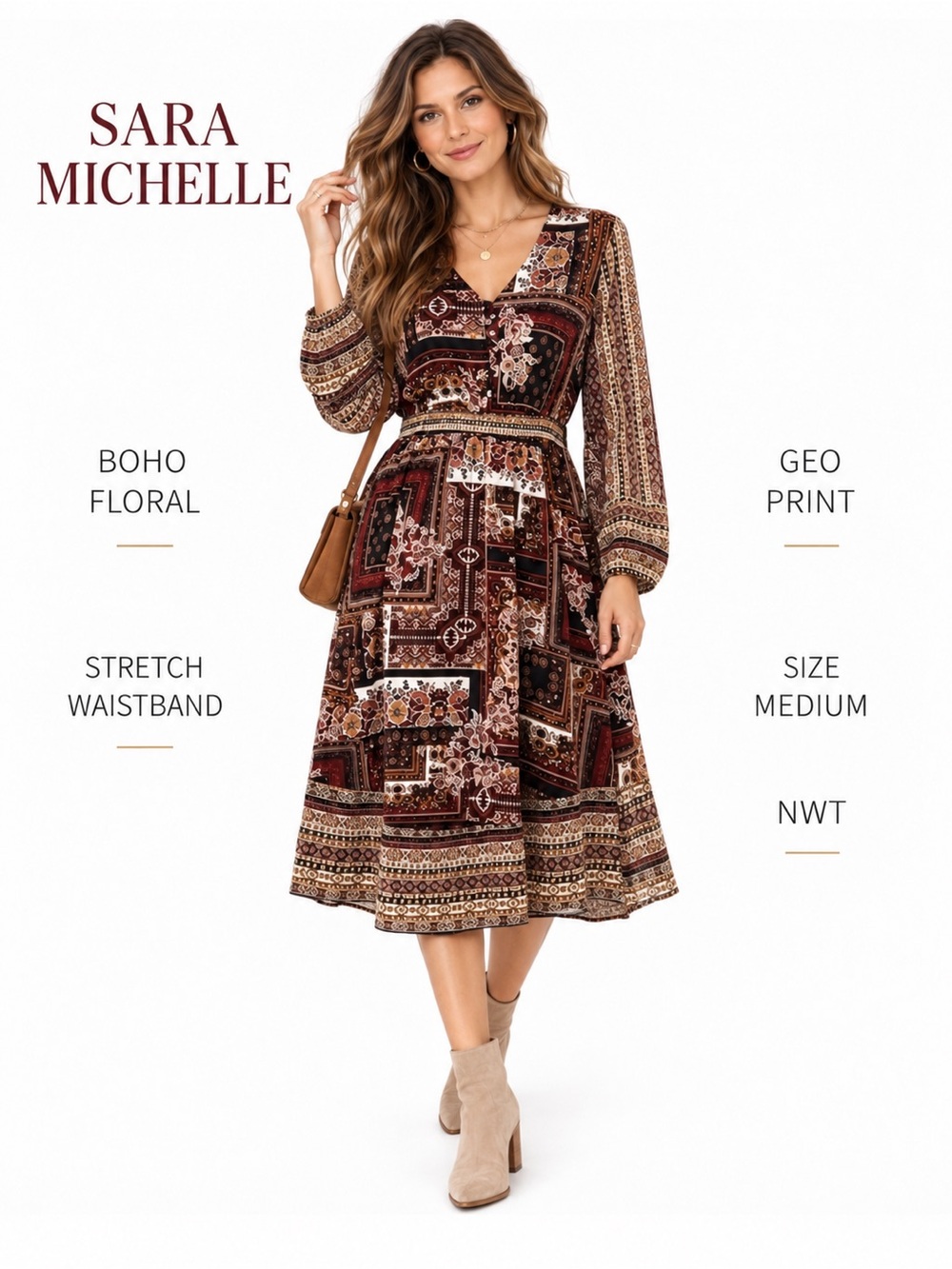 Sara Michelle dress boho design floral geo design stretch waistband sz Med NWT